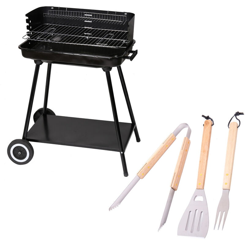 Lola Home - Pack barbacoa de carbón y 3 accesorios Milena con parrilla y ruedas de acero negra barato