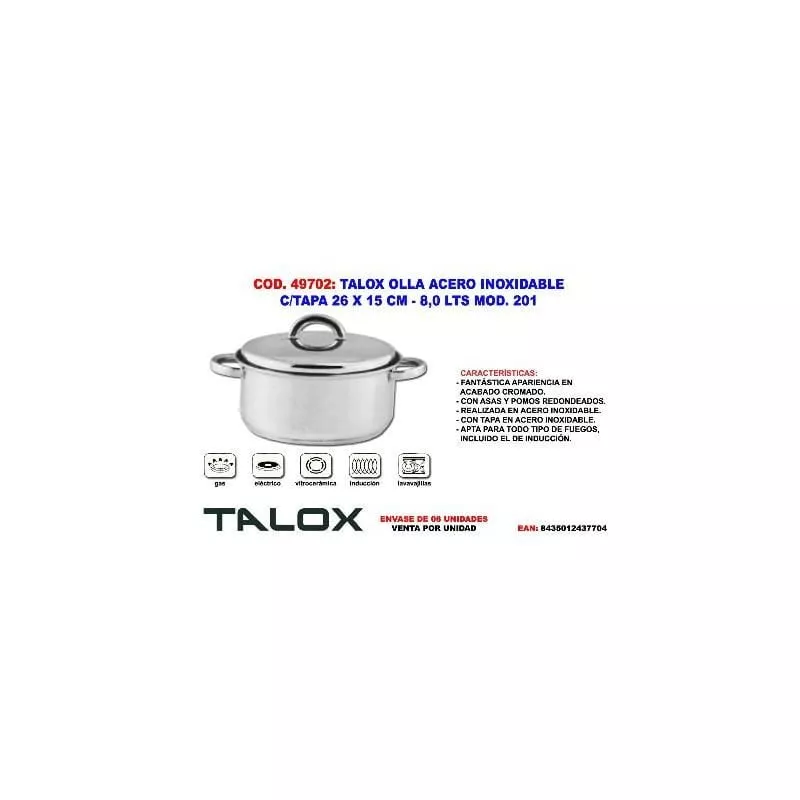 Mibricotienda Talox Olla Acero Inox 18-8 C-Tapa 26 X 15 Cm - 8,0 Lts Mod. 201 En Oferta Mibricotienda Talox Olla Acero Inox 18-8 C-Tapa 26 X 15 Cm - 8