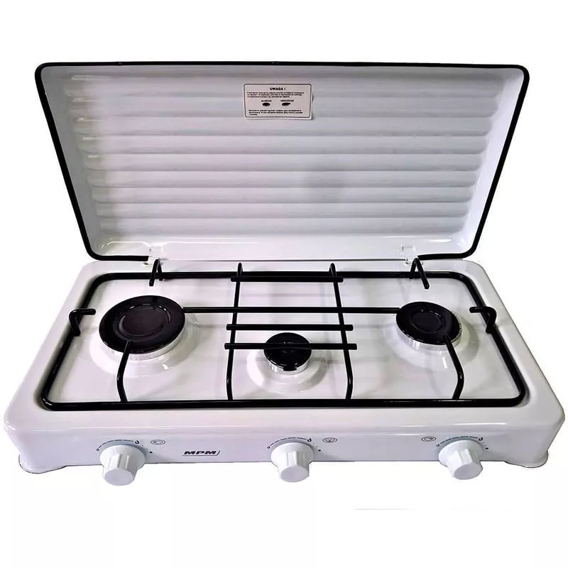 Mpm Cocina Gas Portátil Camping, 3 Quemadores, Rejilla Esmaltada, Tapa Protectora, Normativa G30-37 Mbar Blanco En Oferta Mpm Cocina Gas Portátil Camping