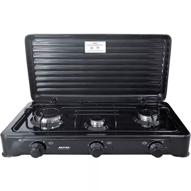 Mpm - Cocina Gas Portátil Camping, 3 Quemadores, Rejilla Esmaltada, Tapa Protectora, Normativa G30-37 Mbar Negro En Oferta Mpm - Cocina Gas Portátil Camping