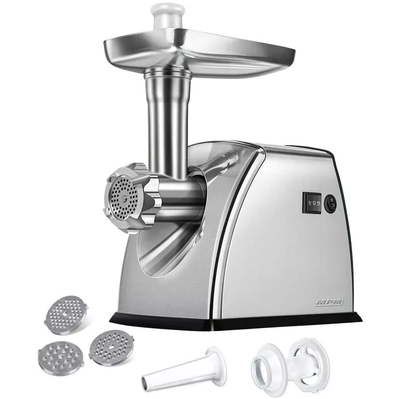 Mpm - Picadora De Carne Eléctrica, Embutidora Salchicha,3 Discos Corte, Engranaje Metálico, Función Inversa 1800W Plata En Oferta Mpm - Picadora De Carne Eléctrica