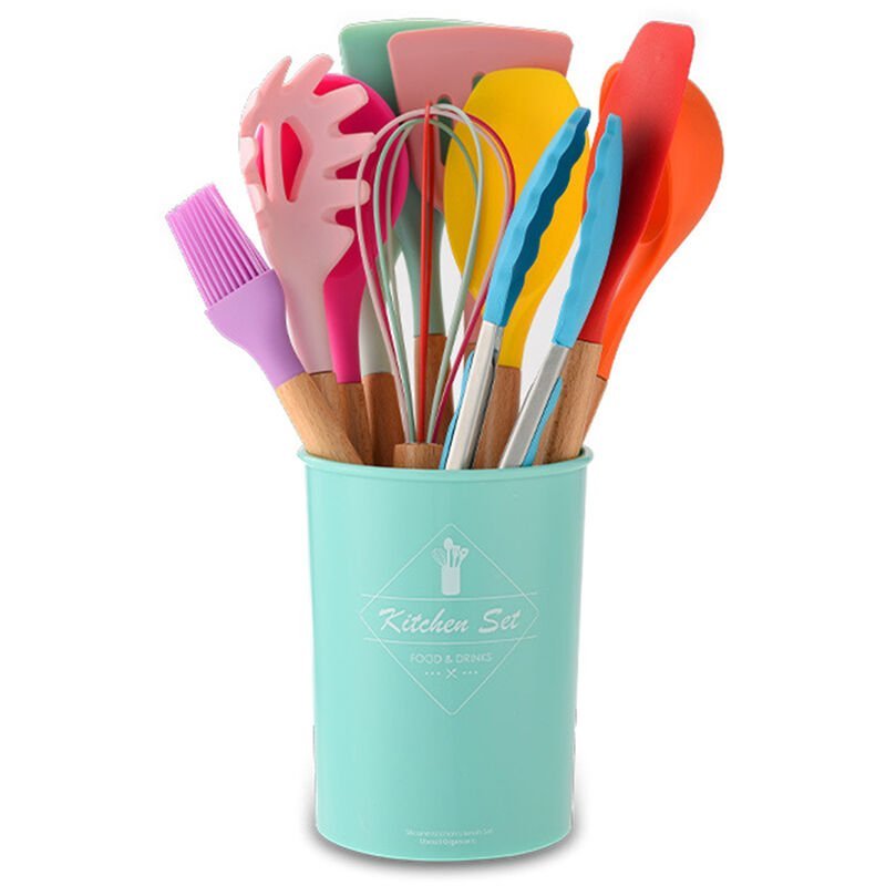 Mango de madera Silicona Utensilios de cocina Juego de 11 piezas Nueve colores Opcional Colorido