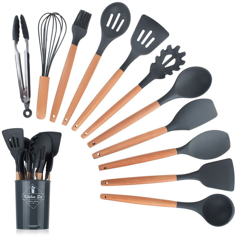 Mango de madera Utensilios de cocina de silicona Juego de 11 piezas Nueve colores Opcional Gris oscuro