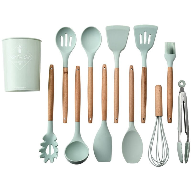 Mango de madera Utensilios de cocina de silicona Juego de 11 piezas Nueve colores Opcional Verde claro