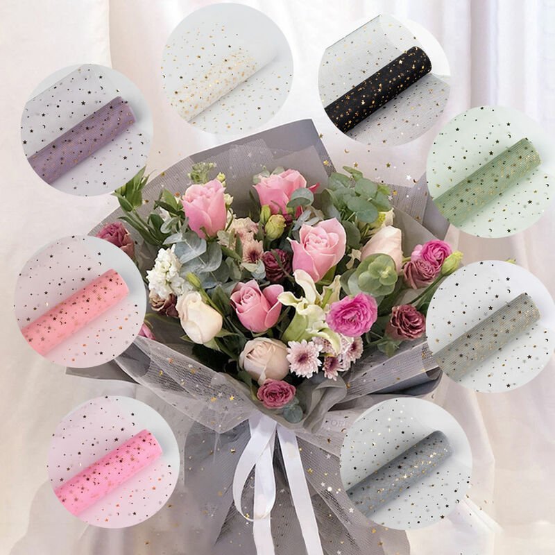 Material de envoltura de malla de 5Y / rollo Lentejuelas Estrella Luna Encaje Flor Regalo DIY Envoltura de embalaje Decoracion